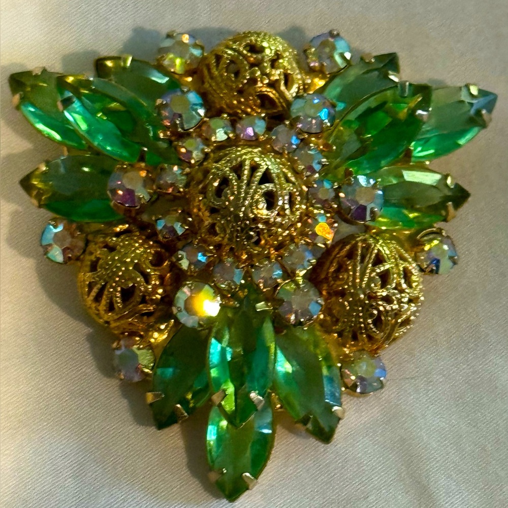 Juliana Verified Gold Filigree Balls & Green Navettes Brooch